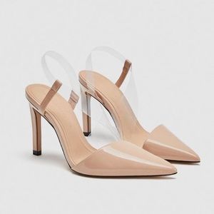 Nude Pointy Heels w/ Clear Strap